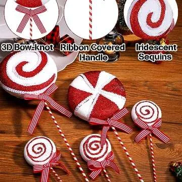 Wettarn 12 Pieces Christmas Tree Picks Candy Lollipop Pick Striped Christmas Decorations Candy Tree Topper for Xmas Tree Craft Home Holiday Party Decor (Red)
