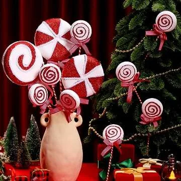 Wettarn 12 Pieces Christmas Tree Picks Candy Lollipop Pick Striped Christmas Decorations Candy Tree Topper for Xmas Tree Craft Home Holiday Party Decor (Red)