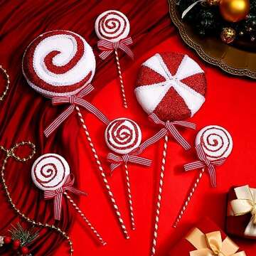Wettarn 12 Pieces Christmas Tree Picks Candy Lollipop Pick Striped Christmas Decorations Candy Tree Topper for Xmas Tree Craft Home Holiday Party Decor (Red)