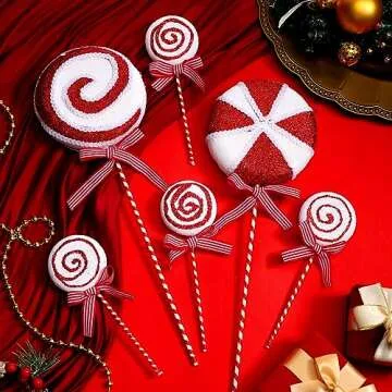 Wettarn 12 Pieces Christmas Tree Picks Candy Lollipop Pick Striped Christmas Decorations Candy Tree Topper for Xmas Tree Craft Home Holiday Party Decor (Red)
