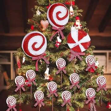 Wettarn 12 Pieces Christmas Tree Picks Candy Lollipop Pick Striped Christmas Decorations Candy Tree Topper for Xmas Tree Craft Home Holiday Party Decor (Red)