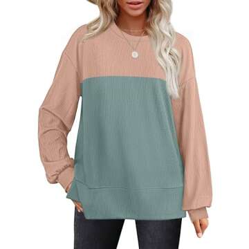 OFEEFAN Green Long Sleeve Shirts for Women Color Block Tops Side Slit Loose Fit Tunic Tops Ribbed S