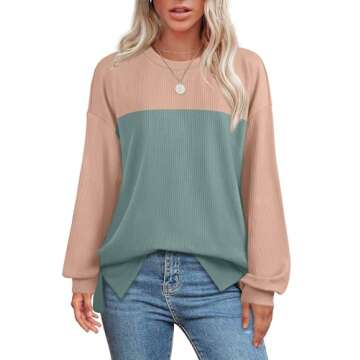 OFEEFAN Green Long Sleeve Shirts for Women Color Block Tops Side Slit Loose Fit Tunic Tops Ribbed S