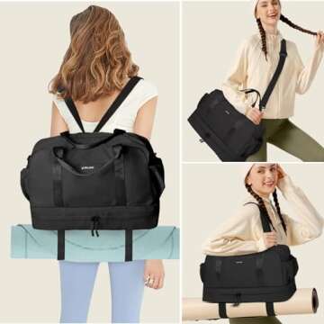 YaKuss Weekender Bags for Women, Multi-Pocket Sports Travel Duffel Bag with Shoes Compartment & Luggage Strap,Lightweight Carry On Overnight Gym Bag Camping Backpack for Travel, Gym, Yoga,Hospital