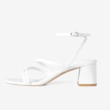 Shoe'N Tale Strappy Heels for Women Low Chunky Block Heel Dress Shoes Square Open Toe Ankle Strap Heeled Sandals(7.5,White)