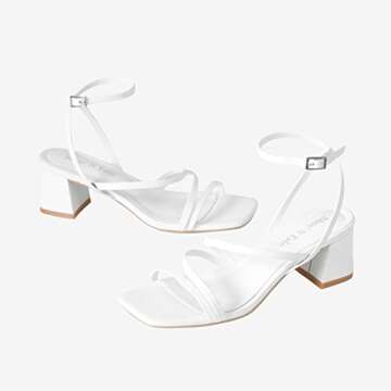 Shoe'N Tale Strappy Heels for Women Low Chunky Block Heel Dress Shoes Square Open Toe Ankle Strap Heeled Sandals(7.5,White)