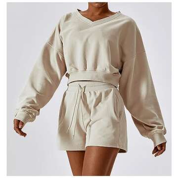 Meladyan Women's Two Piece Crop Sweatsuit Set Drawstring High Waist Shorts 2 Piece Long Sleeve Tracksuits