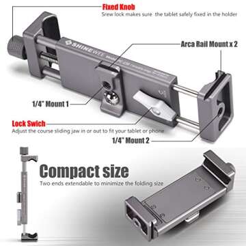 SHINEWEE Metal iPad Holder for Tripod Mount, 1/4" Screw, Acra/RRS Rail Plate Mounts, Fits iPad 1 2 3 4 5 Mini Air Pro,Universal Tablet iPad Clamp Holder Tripod Adapter