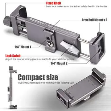 SHINEWEE Metal iPad Holder for Tripod Mount, 1/4" Screw, Acra/RRS Rail Plate Mounts, Fits iPad 1 2 3 4 5 Mini Air Pro,Universal Tablet iPad Clamp Holder Tripod Adapter