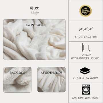 Cozy Faux Fur Blanket with Ruffles - Luxurious White Fleece Ruffles - Cozy Blankets for Women Teen G...