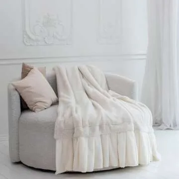 Cozy Faux Fur Blanket with Ruffles - Luxurious White Fleece Ruffles - Cozy Blankets for Women Teen Girls - Warm Blankets & Throws Aesthetic Room Decor
