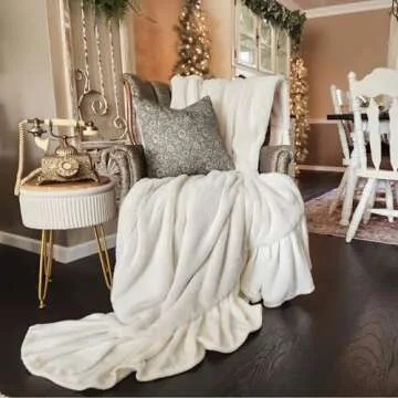Cozy Faux Fur Blanket with Ruffles - Luxurious White Fleece Ruffles - Cozy Blankets for Women Teen Girls - Warm Blankets & Throws Aesthetic Room Decor