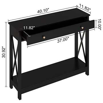 Treocho Black Console Table with Drawer and Storage Shelves, Foyer Sofa Table Narrow for Entryway, L...