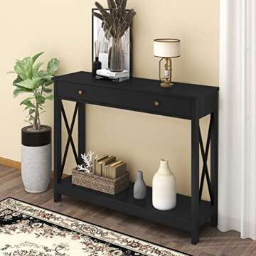 Treocho Black Console Table with Drawer and Storage Shelves, Foyer Sofa Table Narrow for Entryway, Living Room, Hallway