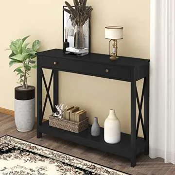 Treocho Black Console Table with Drawer and Storage Shelves, Foyer Sofa Table Narrow for Entryway, Living Room, Hallway