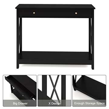 Treocho Black Console Table with Drawer and Storage Shelves, Foyer Sofa Table Narrow for Entryway, Living Room, Hallway