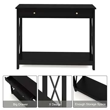 Treocho Black Console Table with Drawer and Storage Shelves, Foyer Sofa Table Narrow for Entryway, Living Room, Hallway