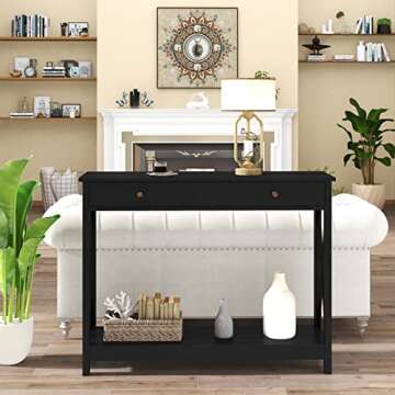 Treocho Black Console Table with Drawer and Storage Shelves, Foyer Sofa Table Narrow for Entryway, Living Room, Hallway