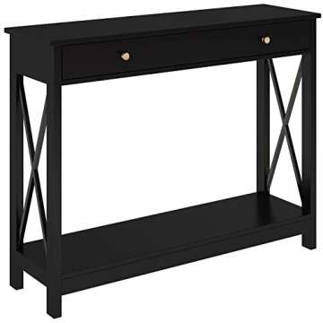 Treocho Black Console Table with Drawer and Storage Shelves, Foyer Sofa Table Narrow for Entryway, Living Room, Hallway