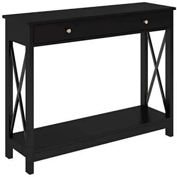 Treocho Black Console Table with Drawer and Storage Shelves, Foyer Sofa Table Narrow for Entryway, Living Room, Hallway