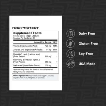 TB12 Protect - Premium 5 in 1 Immune Support Supplement with Zinc, Vitamin C, Beta Glucan, Larch Tree Extract, and Elderberry to Provide Daily Support to Immune System and Boost Energy Levels