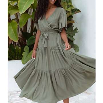 R.Vivimos Summer Dress for Women Cotton Ruffle Short Sleeves V Neck Casual Flowy Midi Dress with Belt