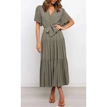 R.Vivimos Summer Dress for Women Cotton Ruffle Short Sleeves V Neck Casual Flowy Midi Dress with Belt