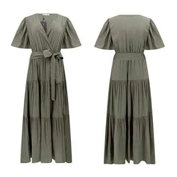 R.Vivimos Summer Dress for Women Cotton Ruffle Short Sleeves V Neck Casual Flowy Midi Dress with Belt