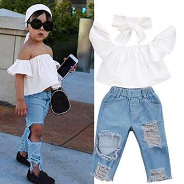 Moonker Toddler Kids Baby Girl Off Shoulder Tops+Rose Flower Demin Pants 2pcs Clothes Set (Red, 3 Ye...