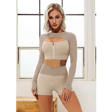 ABOCIW Workout Outfits for Women 2 Piece YOga Sets Layered Look Long Sleeve Crop Tops and Warap V Waist High Waist Running Shorts Fitness Gym Clothes Tracksuit #3 Khaki Small