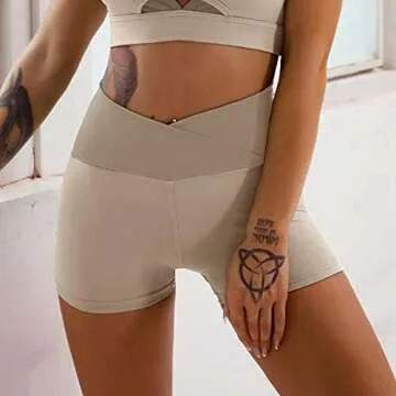 ABOCIW Workout Outfits for Women 2 Piece YOga Sets Layered Look Long Sleeve Crop Tops and Warap V Waist High Waist Running Shorts Fitness Gym Clothes Tracksuit #3 Khaki Small