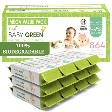 Yugi Green Baby Wipes Unscented Compostable Biodegradable and Organic– Value Pack (12 Packs of 72)...