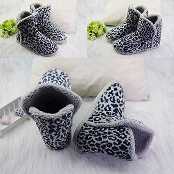 VLLY Fluffy Faux Fur Slipper Boots Women Soft Cozy Memory Foam Midcalf Booties Indoor House Pull on Shoes 7-8 Gray Leopard