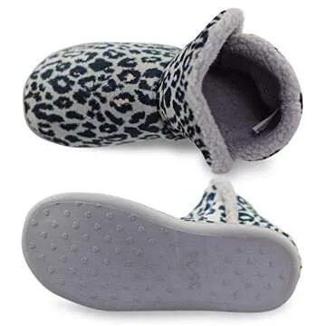 VLLY Fluffy Faux Fur Slipper Boots Women Soft Cozy Memory Foam Midcalf Booties Indoor House Pull on Shoes 7-8 Gray Leopard