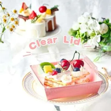 Kucoele 50 Pack Small Charcuterie Boxes with Clear Lids, To Go Paper Dessert Boxes Bakery Boxes, 5 Inches Disposable Food Containers for Cookies, Cupcakes, Slice Cakes, Strawberries (Pink)