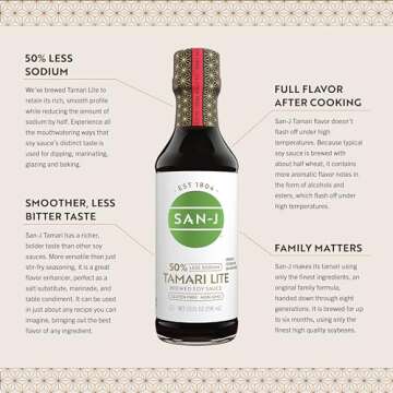 San-J - Gluten Free Tamari Lite Soy Sauce with 50% Less Sodium - Made with 100% Soy - Specially Brewed - 10 oz. Bottle