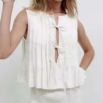 Linen Bow Tie Front Tank Top Women Coquette Pleated Peplum Blouse Y2K Babydoll Ruffle Shirt Sleeveless Tunic Outfits (White,Medium)