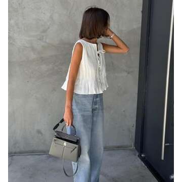 Linen Bow Tie Front Tank Top Women Coquette Pleated Peplum Blouse Y2K Babydoll Ruffle Shirt Sleeveless Tunic Outfits (White,Medium)