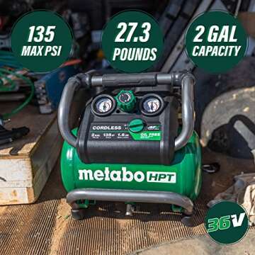 Metabo HPT 36V MultiVolt Cordless Air Compressor | Tool Only, No Battery | Brushless Motor | 135 Max PSI | 2-Gallon Capacity | 27.3 Lbs. | Optional AC Adapter | EC36DAQ4 Green
