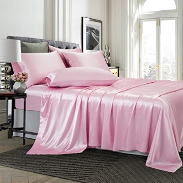 TREELY Silky Pink Satin Sheets Queen Size Set with Deep Pockets