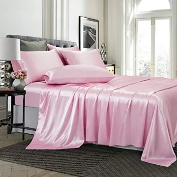 TREELY Silky Pink Satin Sheets Queen Size Set with Deep Pockets