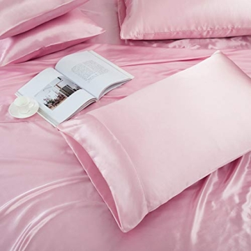 TREELY Silky Pink Satin Sheets Queen Size Set with Deep Pockets