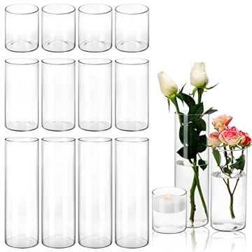 CUCUMI 15pcs Glass Cylinder Vases-4, 8, 12 Inch Tall Hurricane Floating Glass Candle Holders Clear F...