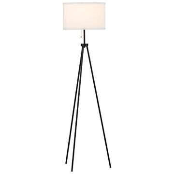 Amazon Brand – Rivet Mid-Century Modern Tripod Standing Floor Lamp with Drum Shade, Bulb Included, 58.25"H, Black