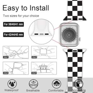 Black and White Checkered Watch Band Compatible with Apple Watch 38mm 40mm 41mm 42mm 44mm 45mm 49mm for Women Men Gifts Sport Silicone Wristbands Strap for IWatch Series 10 9 8 7 6 5 4 3 2 1 SE (38mm/40mm/41mm)