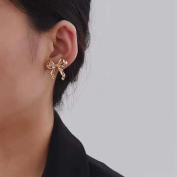 Bow Earrings for Women Trendy Gold Pearl Drop Dangle Earrings Bowknot Stud Wedding Party Daily Jewel...