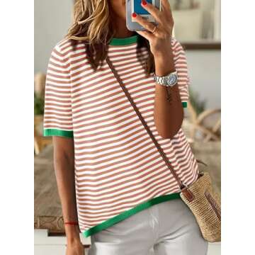 Dokotoo Women's Short Sleeve Summer Fashion Striped Shirt - Casual Color Block Top