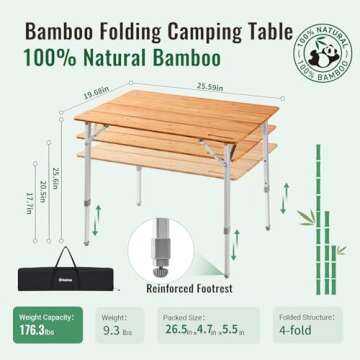 KingCamp Bamboo Folding Camping Table 4 Folds Lightweight with Adjustable Height Aluminum Legs Porta...