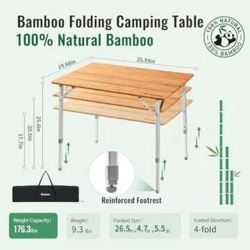 KingCamp Bamboo Folding Camping Table 4 Folds Lightweight with Adjustable Height Aluminum Legs Porta...