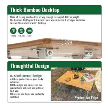 KingCamp Bamboo Folding Camping Table 4 Folds Lightweight with Adjustable Height Aluminum Legs Portable Camp Tables in Carry Bag for Indoor Outdoor Picnic Beach